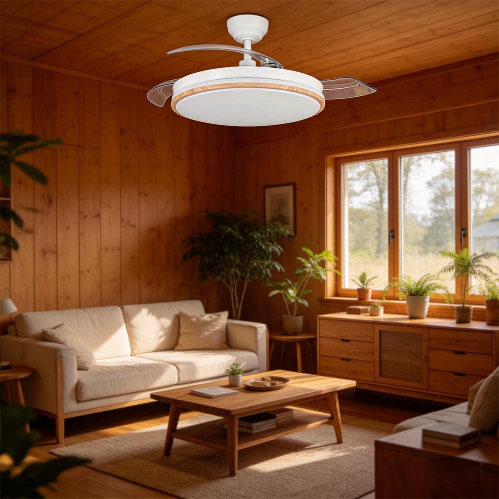 Ventilateur de plafond avec lumière LED rétractable 106 cm, 3 pales, puissance totale 72W, sans application, avec télécommande, programmateur - 7