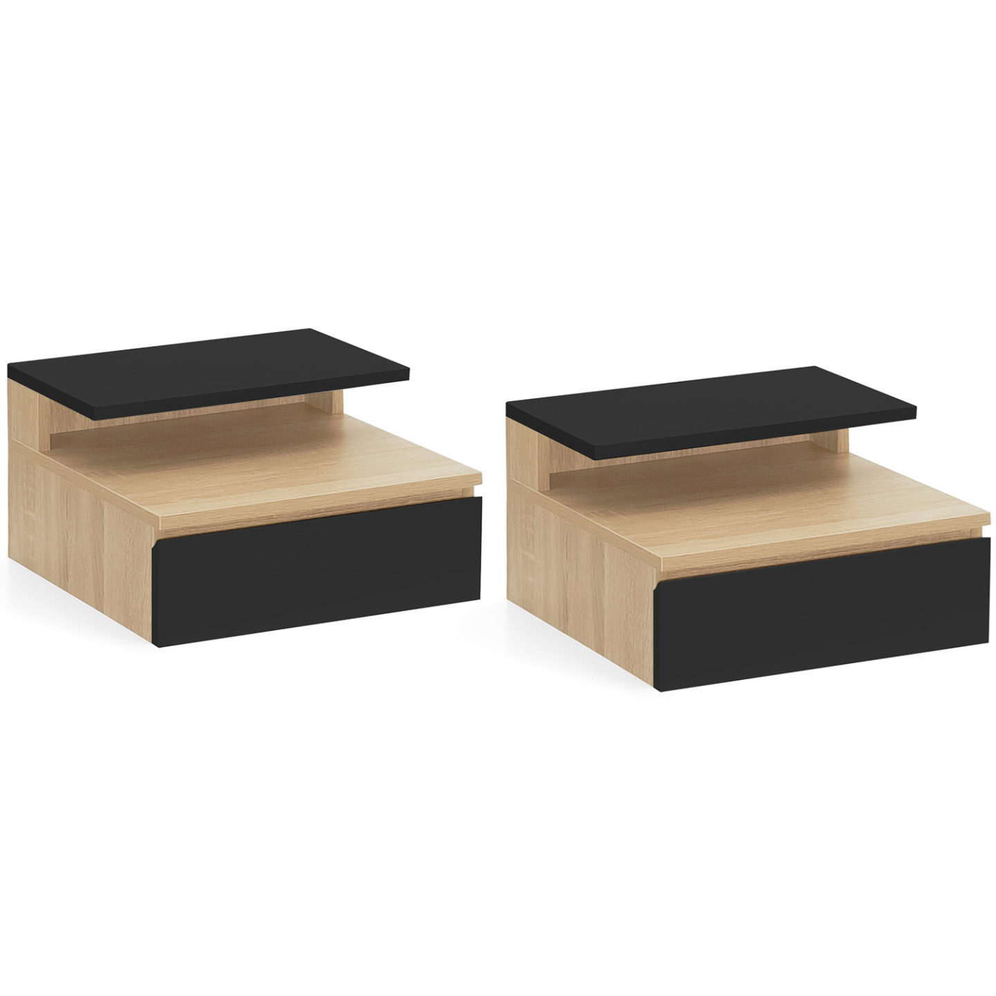 Lot de 2 tables de chevet murales TOMI 1 tiroir + 1 tablette étagère suspendue + 1 tablette façon hêtre et noir - 2