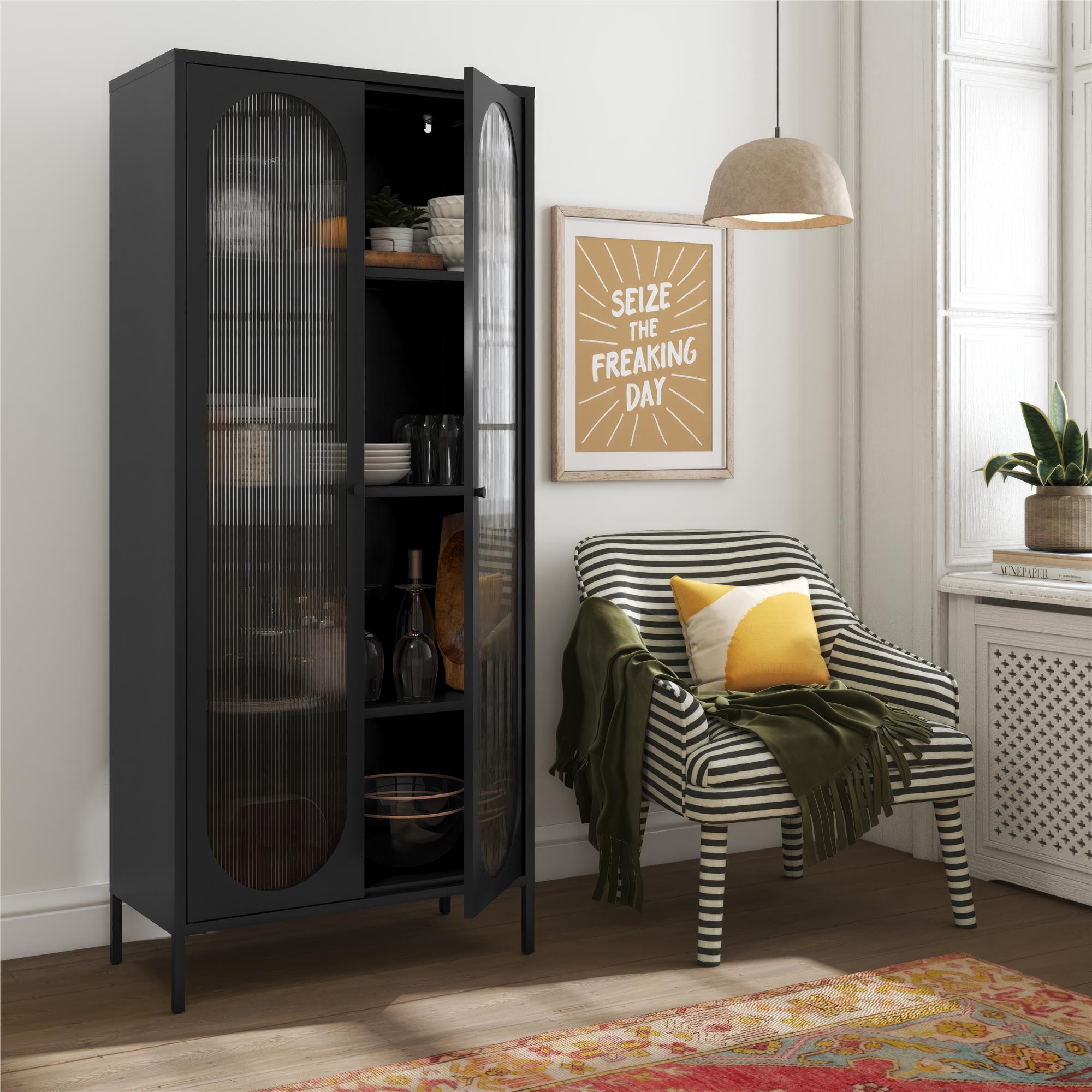 Armoire Noire en Acier et Verre 111 x 90 x 35 cm avec Vitrine
