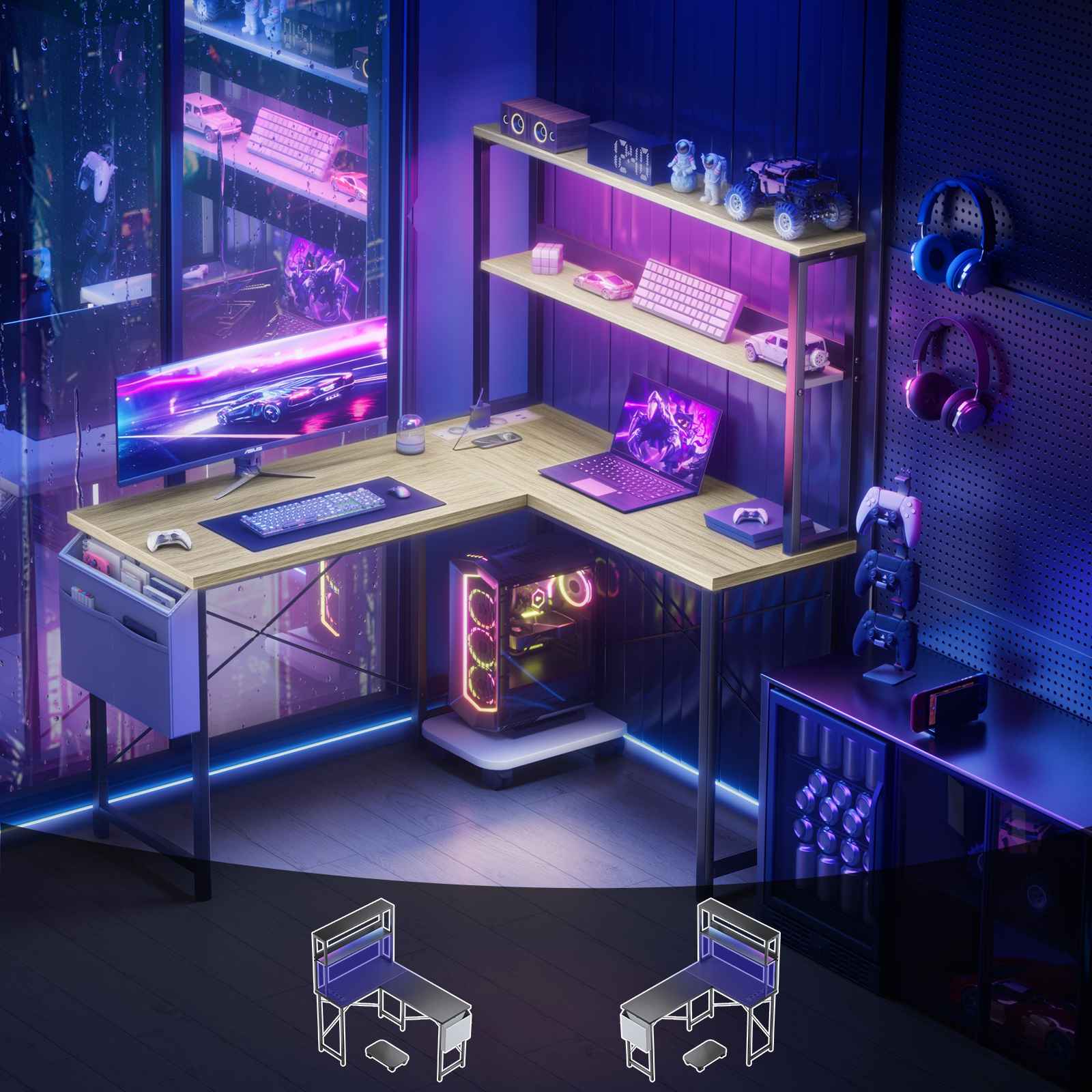 Bureau Gaming L-Forme 148cm avec LED, 3 Prises AC + 2 Ports USB, Étagères à Double Niveau, Réversible - 3
