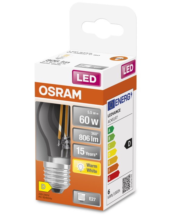 OSRAM Ampoule LED - E27 - Warm White - 2700 K - 6 W - remplacement pour 60-W-Incandescent bulb - LED Retrofit CLASSIC P - 4