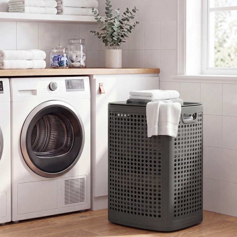 Panier à Linge en Plastique, Fin, Gain de Place, avec Couvercle, Buanderie, Salle de Bain, Chambre, Gris Foncé - 2