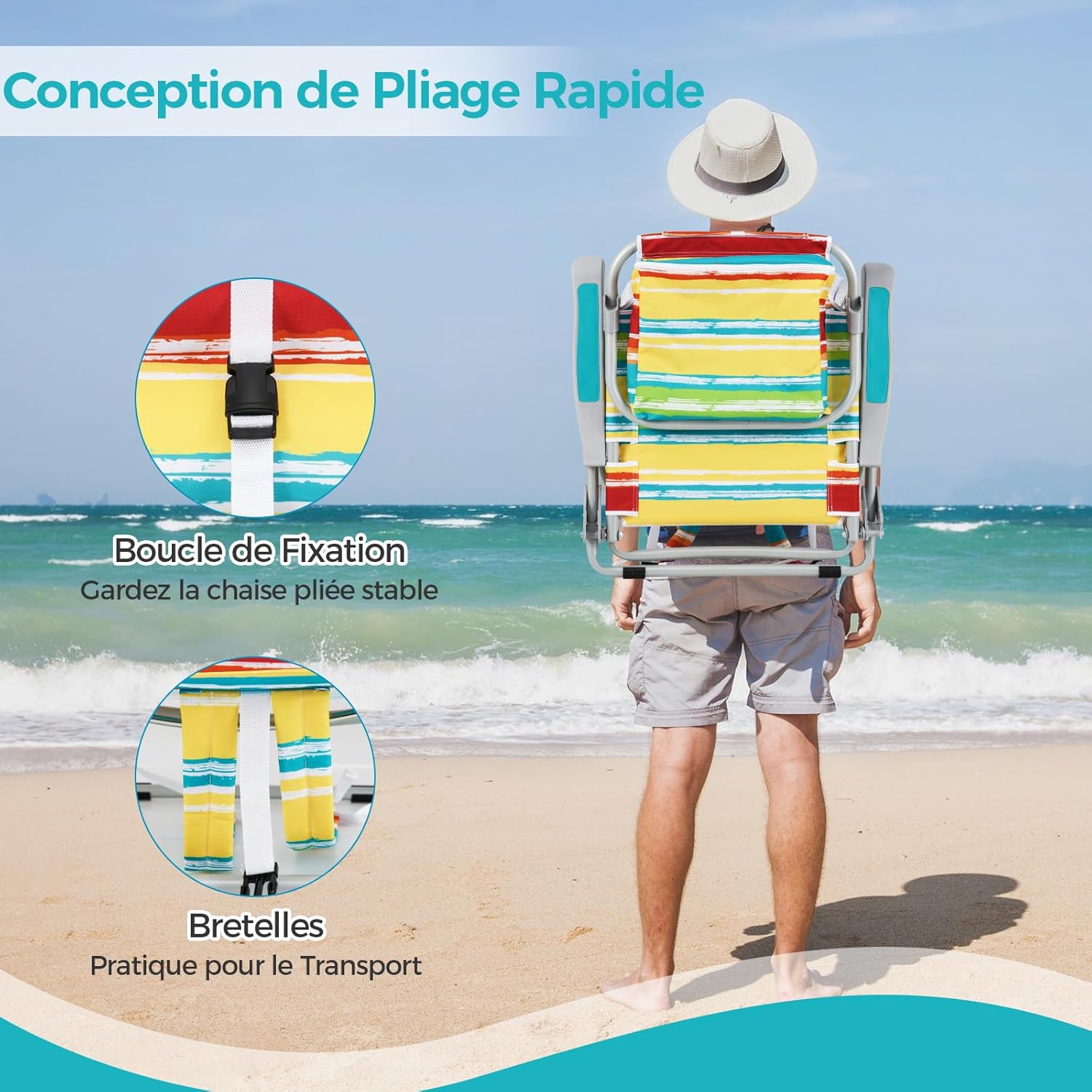 Cadeira de praia dobrável, porta-copos, porta-toalhas, almofada para a cabeça, carga máxima de 150 kg (62 x 54 x 80 cm, riscas azuis claras, 2) - 5