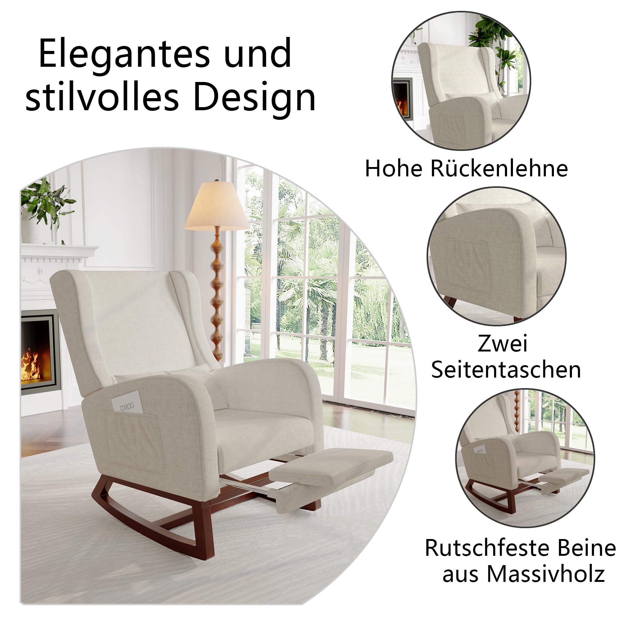Fauteuil à Bascule Beige, Rocking Chair, Chaise Allaitement, Fauteuil d'allaitement avec Repose-Pieds Coussin Lombaire Pieds en Bois Massif et 2 Poche - 4