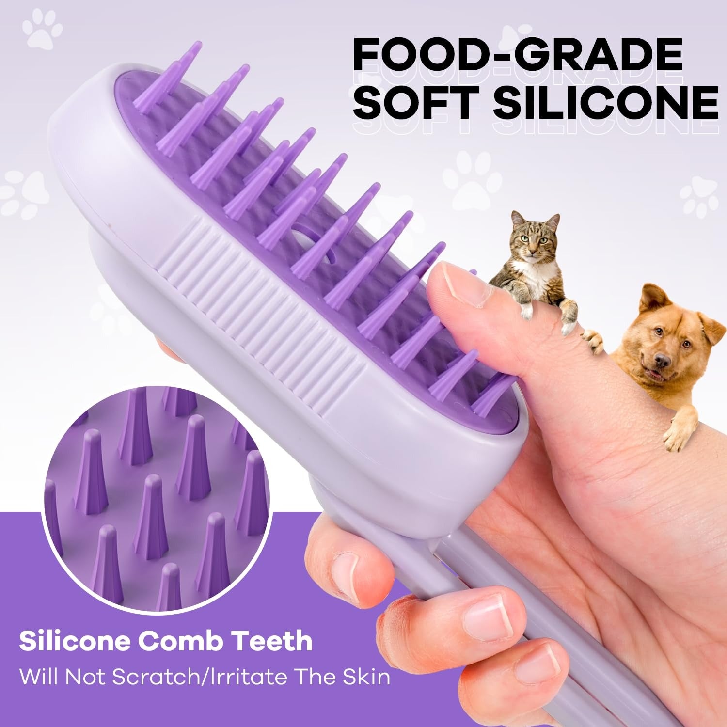 Escova a vapor roxa para pets｜Escova 4-em-1 para gatos e cães, recarregável USB, remove pelos, antistática, massagem e limpeza - 3
