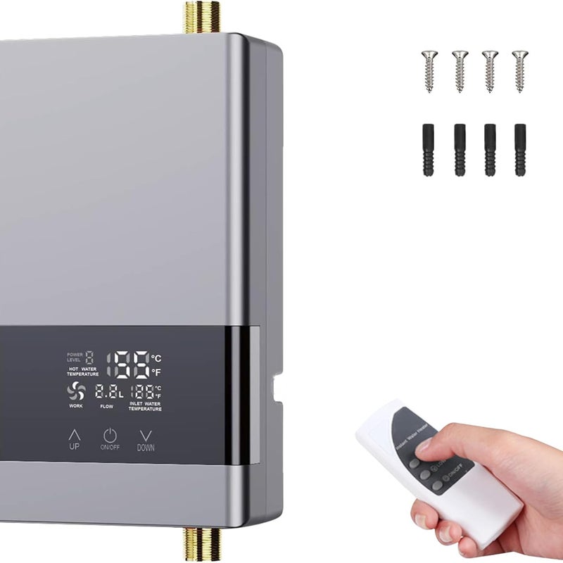 Podgrzewacz wody elektryczny przepływowy z regulacją temperatury i ekranem dotykowym LCD do kuchni i łazienki, srebrny, 6000 W