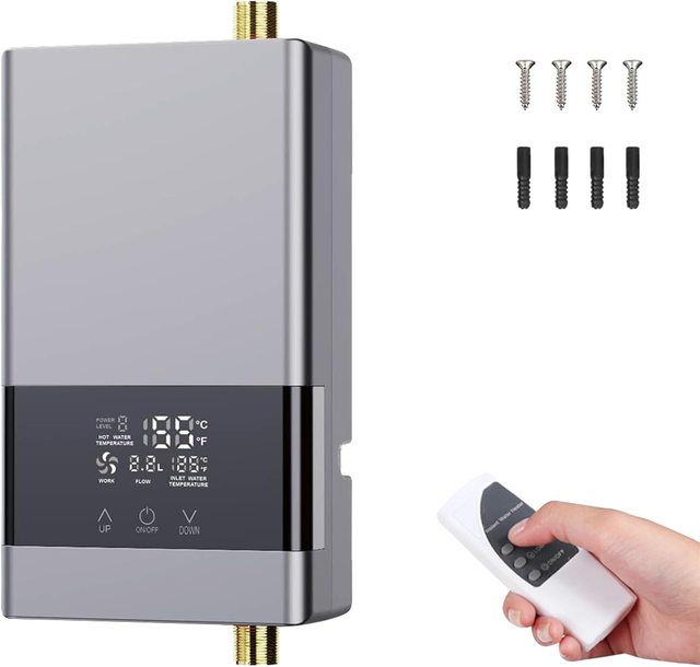 Podgrzewacz wody elektryczny przepływowy z regulacją temperatury i ekranem dotykowym LCD do kuchni i łazienki, srebrny, 6000 W