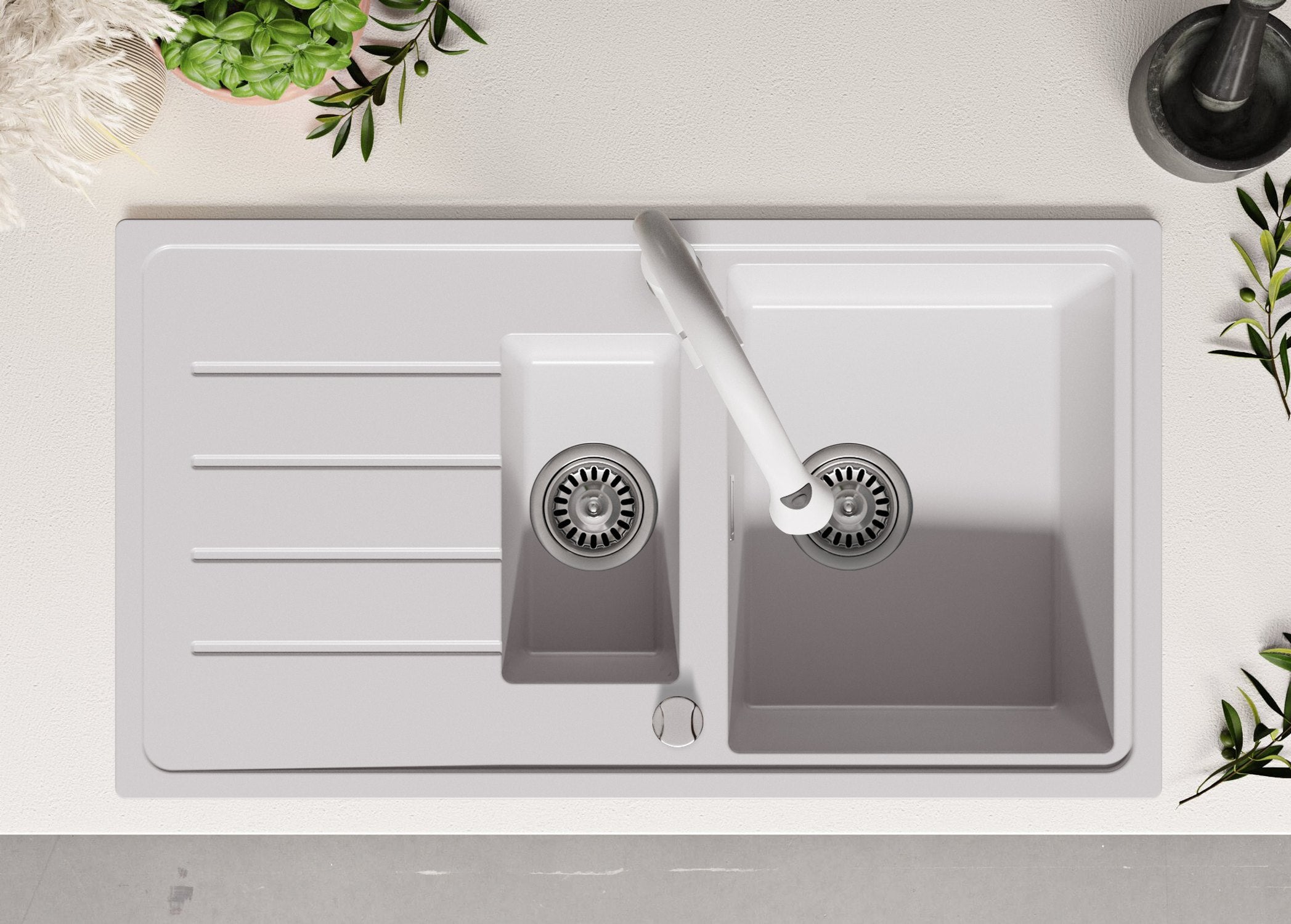 Lavello da Cucina Bianco 90x50cm, Lavandino in Granito a 1,5 vasche + Sifone Classico + Accessori, Lavabo da Cucina Incasso al mobile 60cm PRIMAGRAN - 4