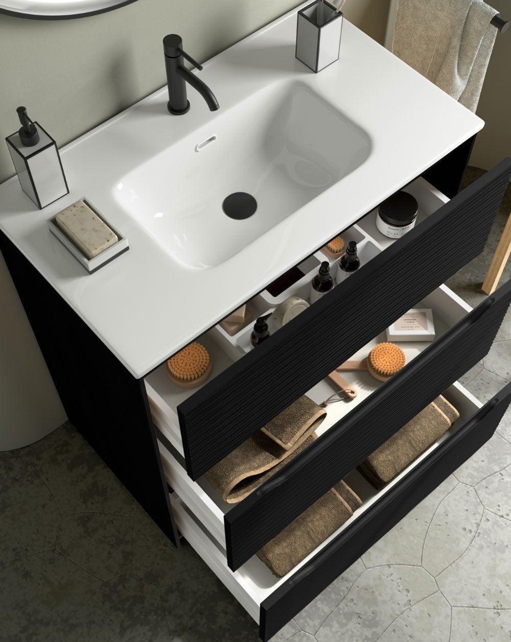 Mobili da bagno a muro con lavandino in ceramica | Chiusura e organizzatore imbottiti per 3 cassetti | Lavabo in ceramica | Nero - Nero | 80cm - 3