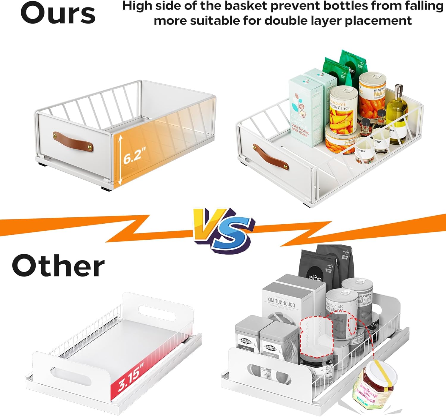 Przesuwne szuflady kuchenne, organizery do szafek przesuwnych, kosze siatkowe z uchwytami, 30 cm, białe - 4