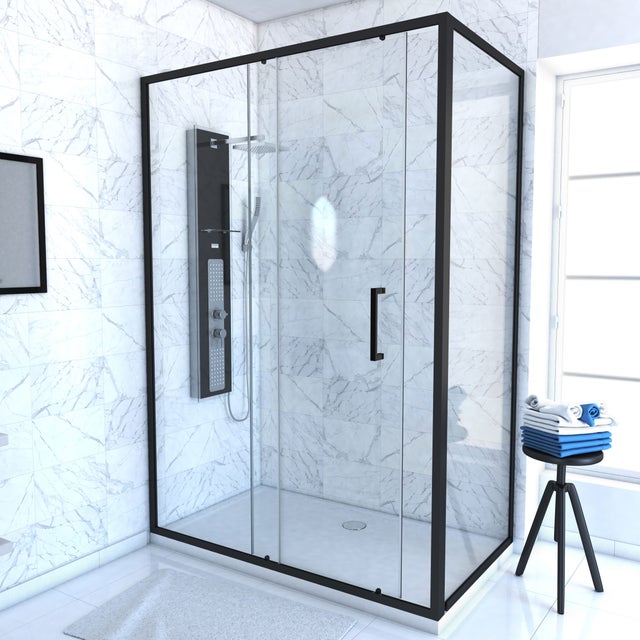 Porte de douche + Retour 140x90x200 cm - Verre 6 mm - Profilé Noir - CRUSH