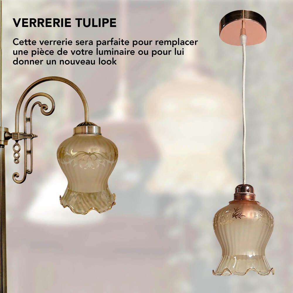 Abat jour verre satiné gravé ambré, forme Tulipe, diam. 130 mm - Tibelec - 6