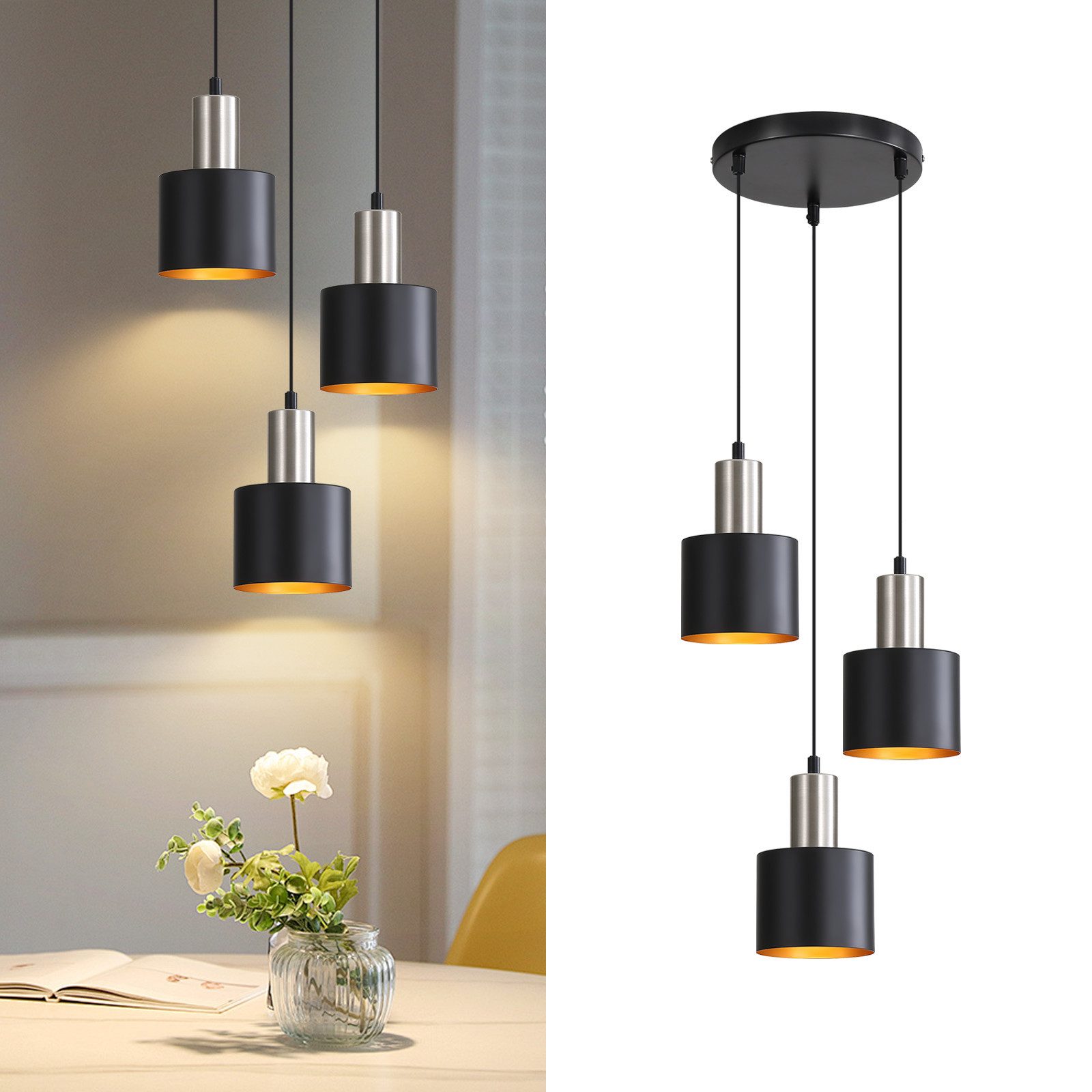 NETTLIFE Lampa wisząca do jadalni E27 Vintage Lampa wisząca 3 żarówki Czarny Złoty