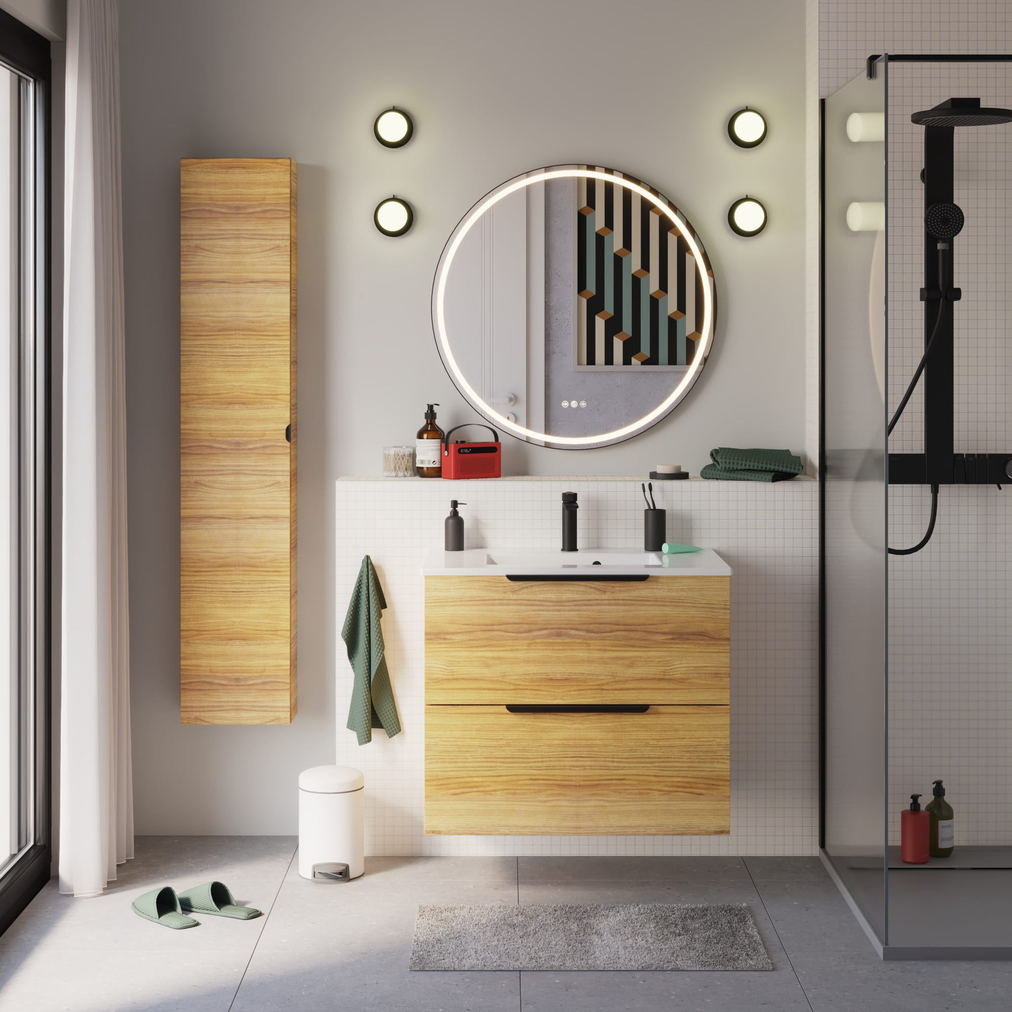 Miroir de salle de bain avec éclairage LED maquillage, Remix noir avec anti-buée, tactile 80x80 cm - 6