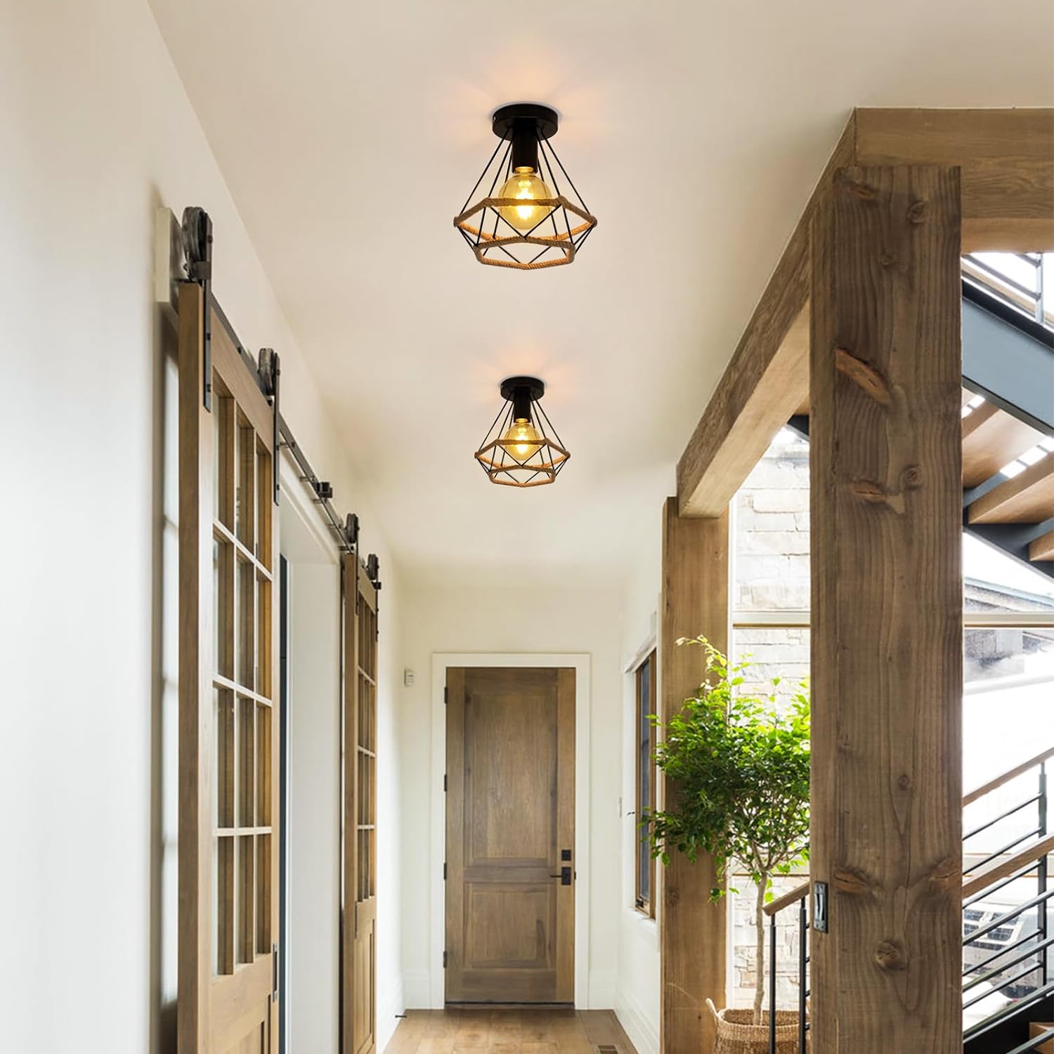 2X Plafonnier Rétro E27 Suspension Luminaire En Corde De Chanvre Tressée, Abat-Jour Cage Rond En Metal 25cm Lustre Dinterieur Noir 84669175