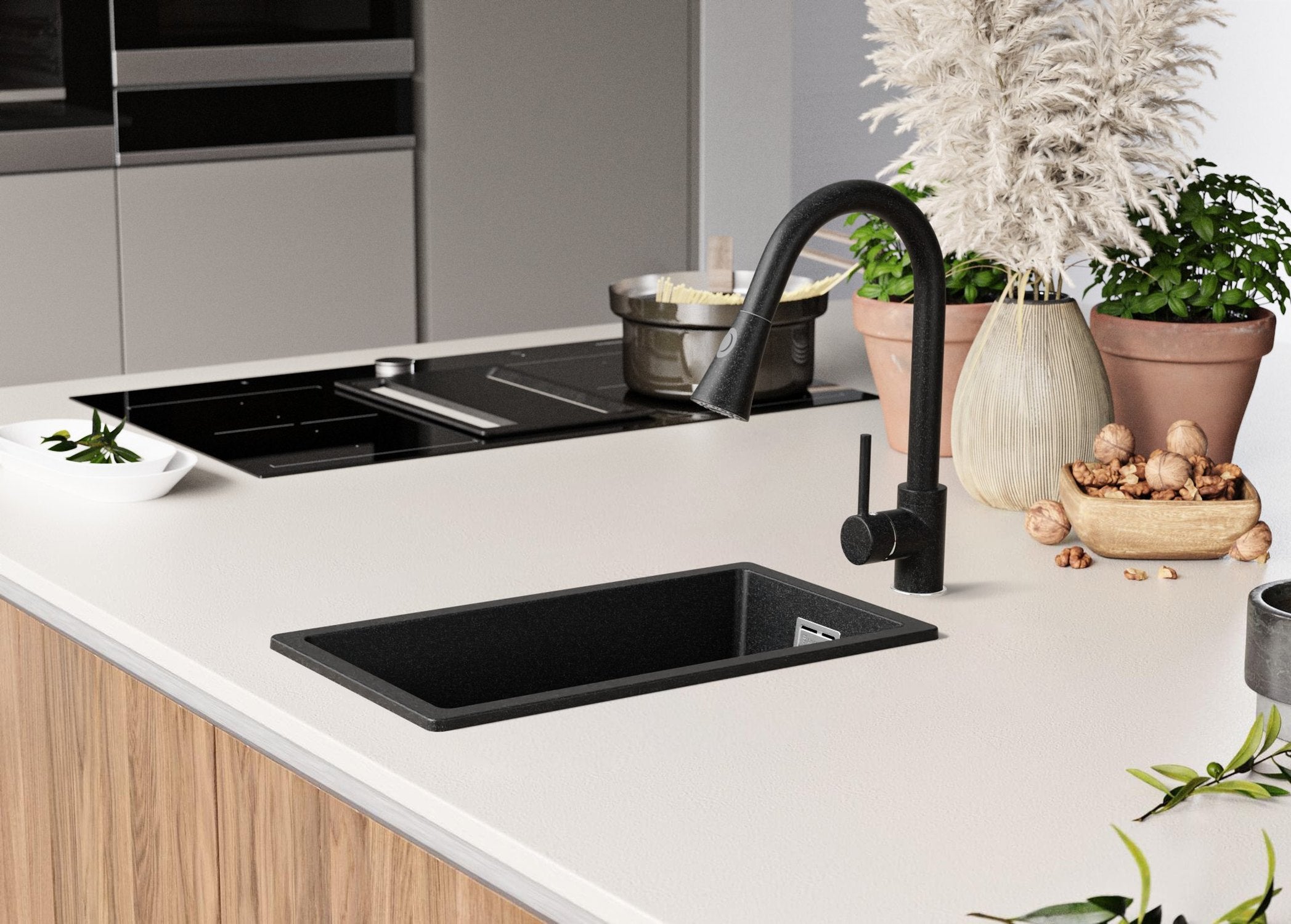 Evier Cuisine en Granit Graphite 26x47cm, Lavabo 1 bac + Kit de Vidage, Évier à Encastrer au meuble 30cm - London Slim PRIMAGRAN - 9