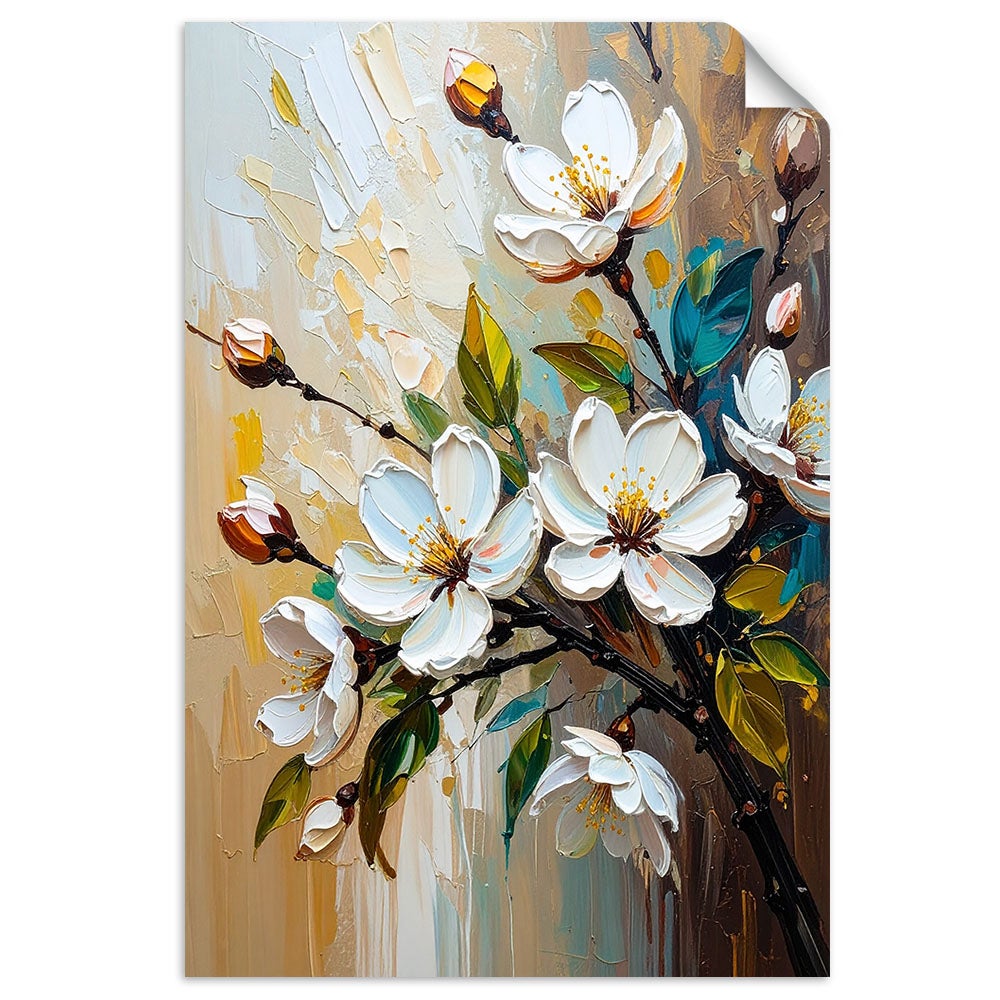 Plakaty samoprzylepne do salonu sypialni, Białe Kwiaty efekt farby olejnej 40x60
