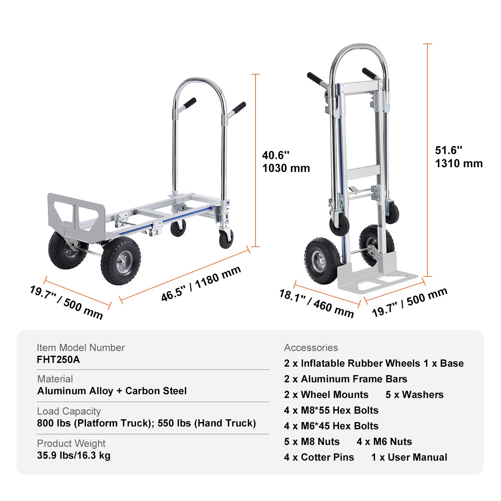 Chariot Pliable Aluminium 2-en-1 SucceBuy, Capacité 363 kg, Diable de Transport avec Roues Antidérapantes, Plate-forme pour Entrepôt & Domicile - 9