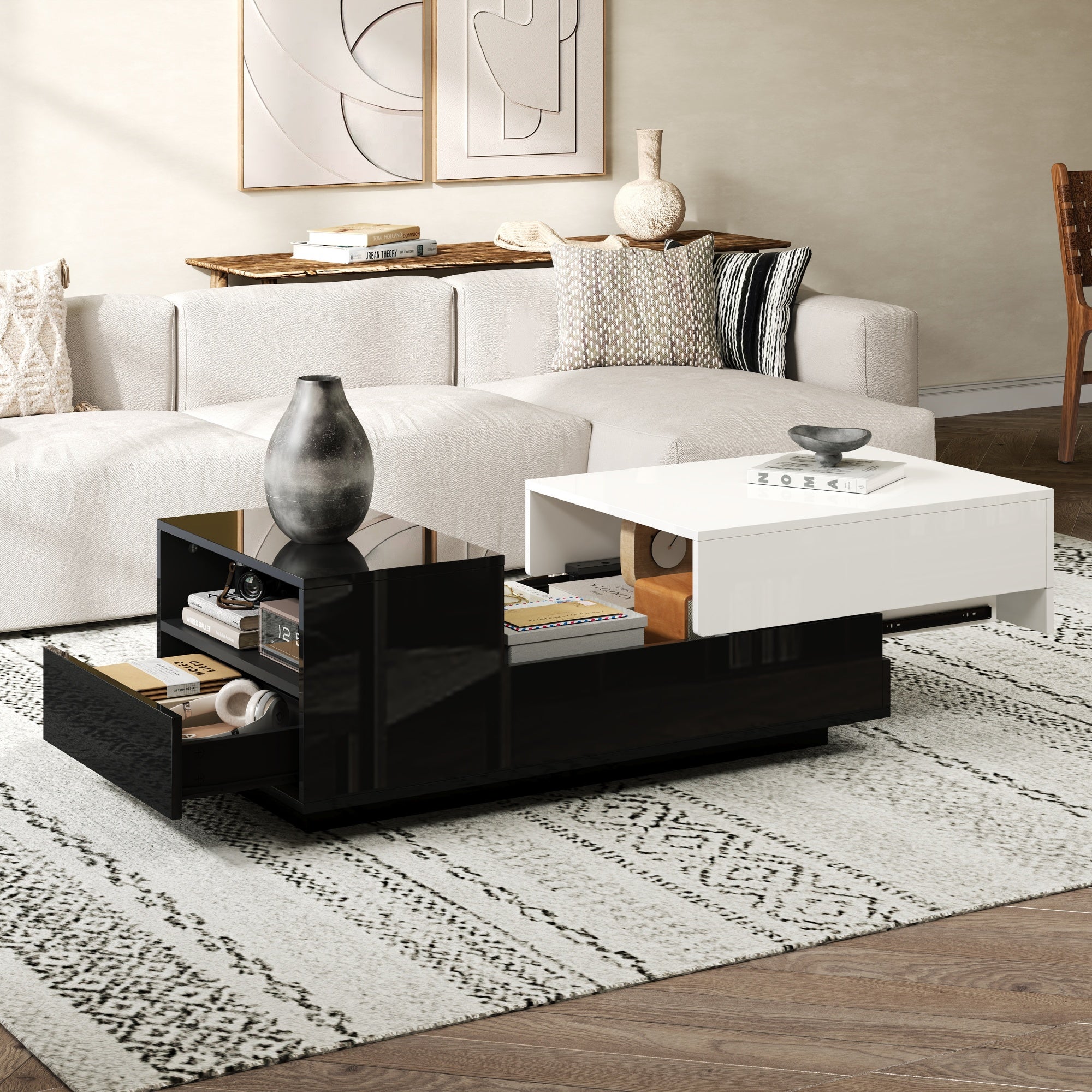 Stolik kawowy z 1 szufladą i przesuwanym blatem - 100 x 50 x 38 cm - Płyta wiórowa - Czarny + biały - 2