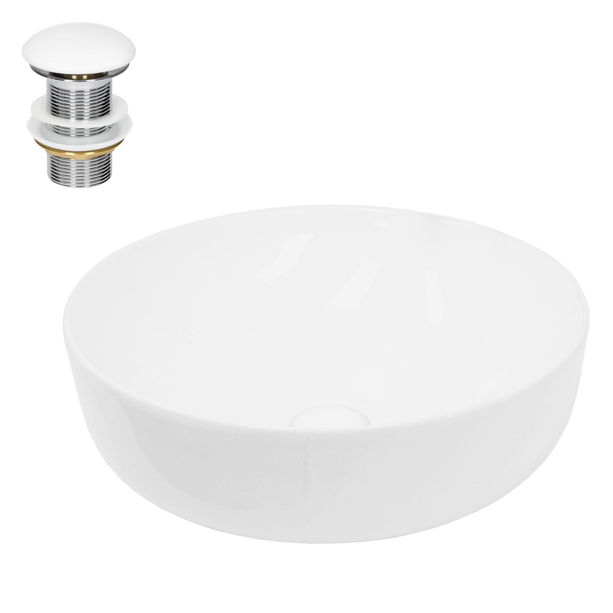 Lavoar de baie LuxeBath, Ø 40 x 13,5 cm, din ceramica, rotund, cu ventil pop-up, fara orificiu pentru baterie si preaplin, chiuvetă pe blat, alb
