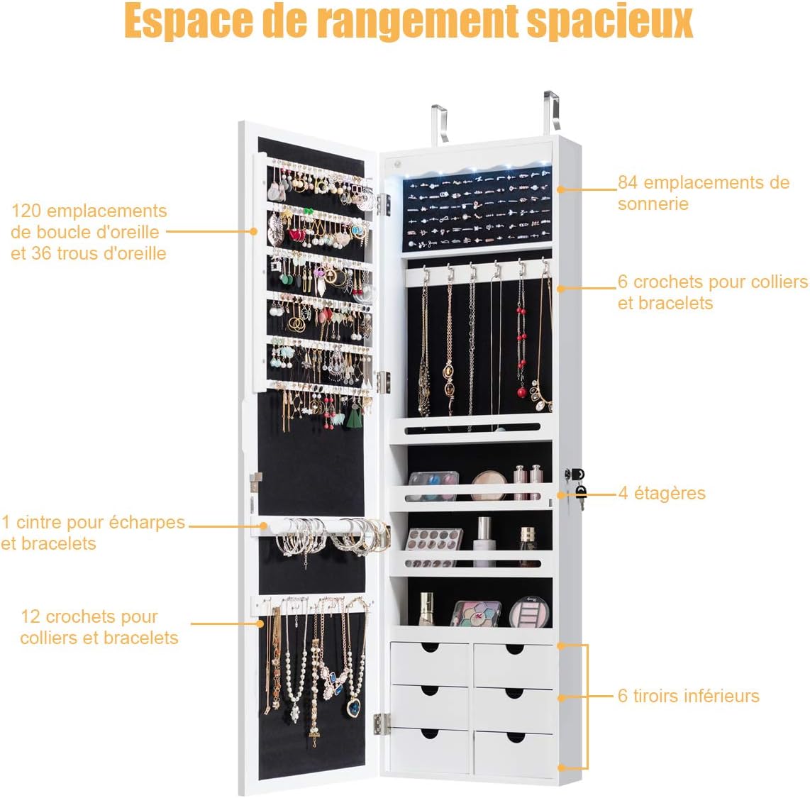 Armadio portagioielli con 5 Luci LED, Porta che Si Chiude, Armadio Portagioielli Montato a Muro con Specchio e 6 Cassetti, Organizer Gioielli con Tant - 3