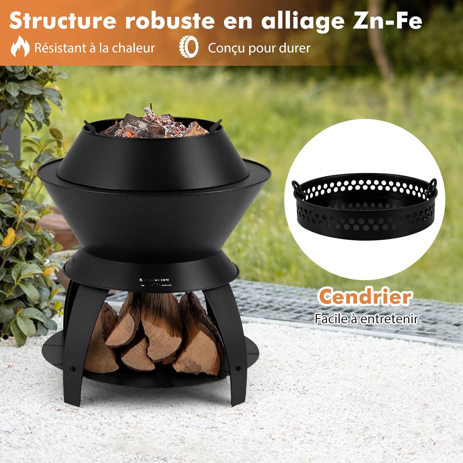 Brasero Foyer de Terrasse 3 en 1 de 50CM, Bol de Feu de Camping en Métal avec Support de Casserole et Étagère de Rangement - 6