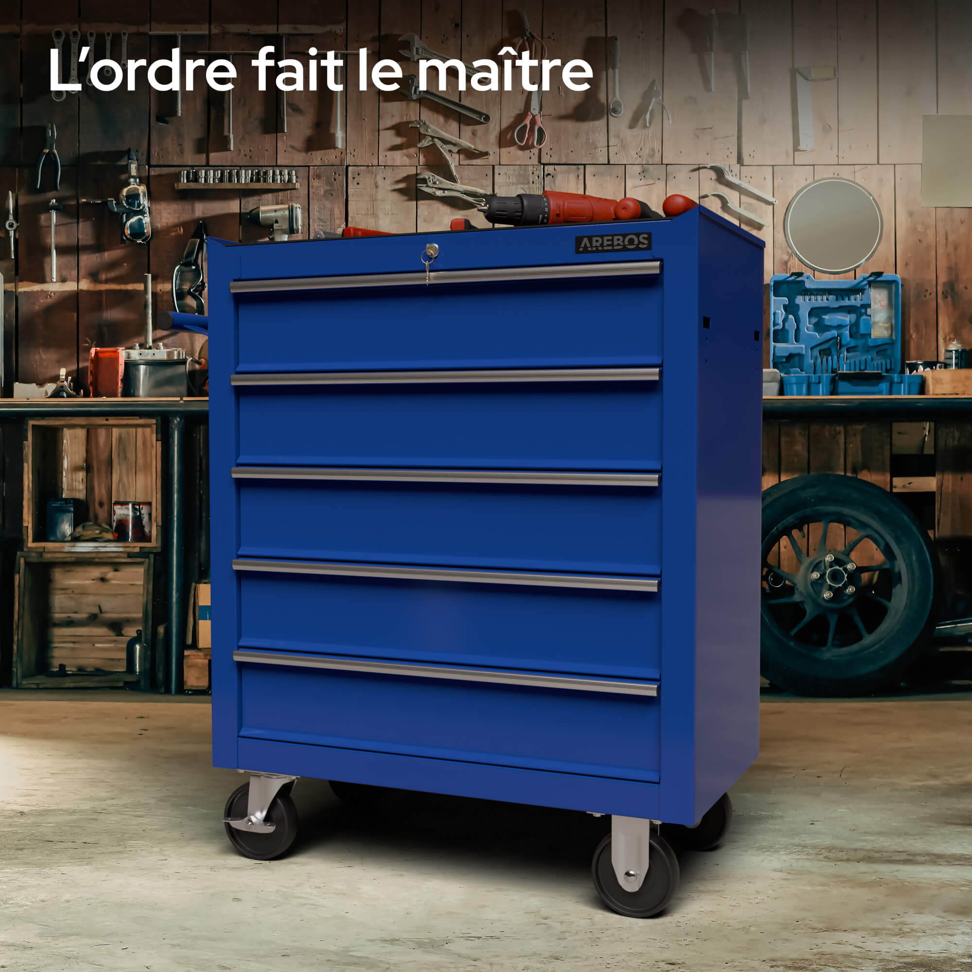AREBOS Chariot à outils avec 5 tiroirs | Acier robuste et résistant aux rayures Glissières à billes, tapis antidérapants - 5