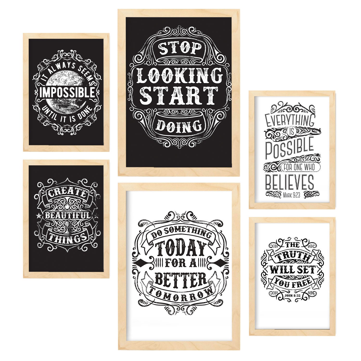 Set de 6 motivacional posters en citas rústicas cuadros decorativos estéticos para su sala de estar hogar a4 y a3 con marcos de madera ligera