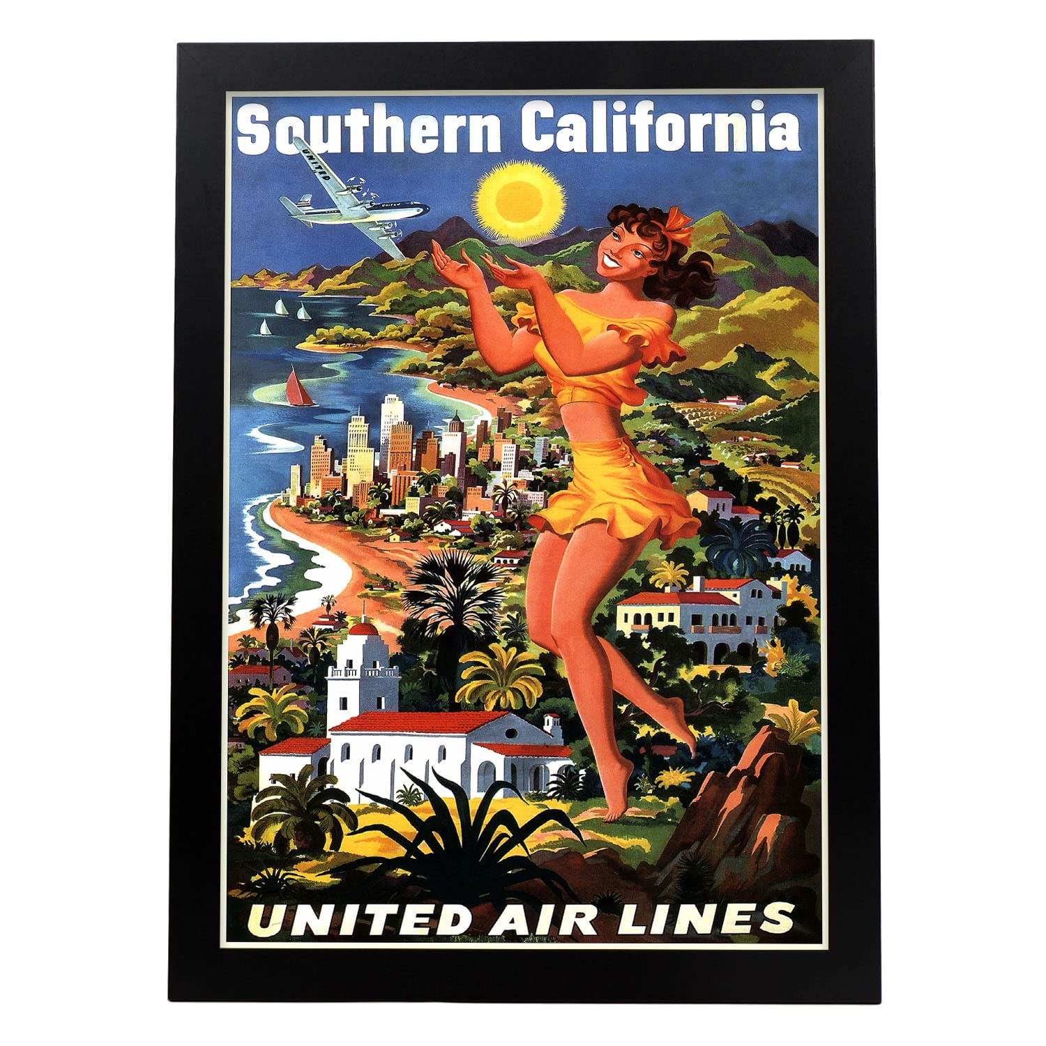 Nacnic póster de publicidad de viajes antigua united airlines en california ilustraciones de anuncios vintage a3 con marco negro