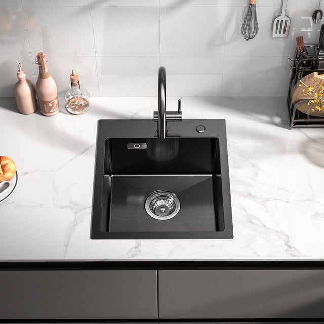 Cecipa max Evier 1 Bac Noir 40*45CM - Évier Inox 1 Cuve avec Siphon et Trop-Plein - Évier de Cuisine Montage à encastrer ou à Fleur de Plan,EU Modèle