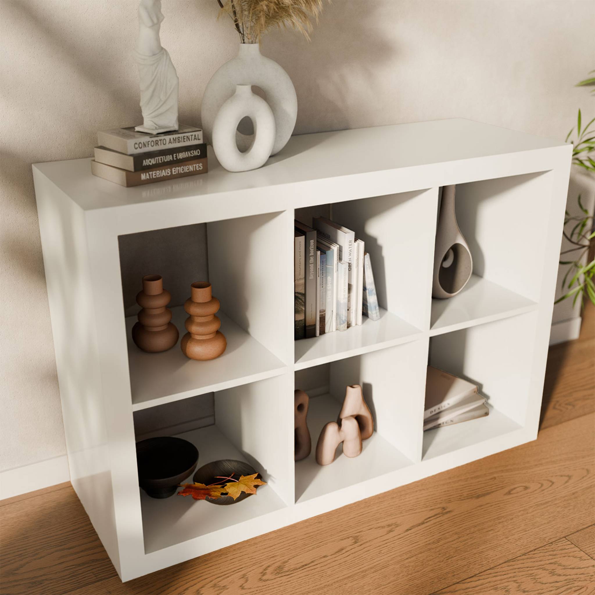 Etagère bibliothèque 2 niveaux 6 compartiments. casiers. effet bois blanc. L 111.2 x P 39 x H 76cm BASIKS - 5