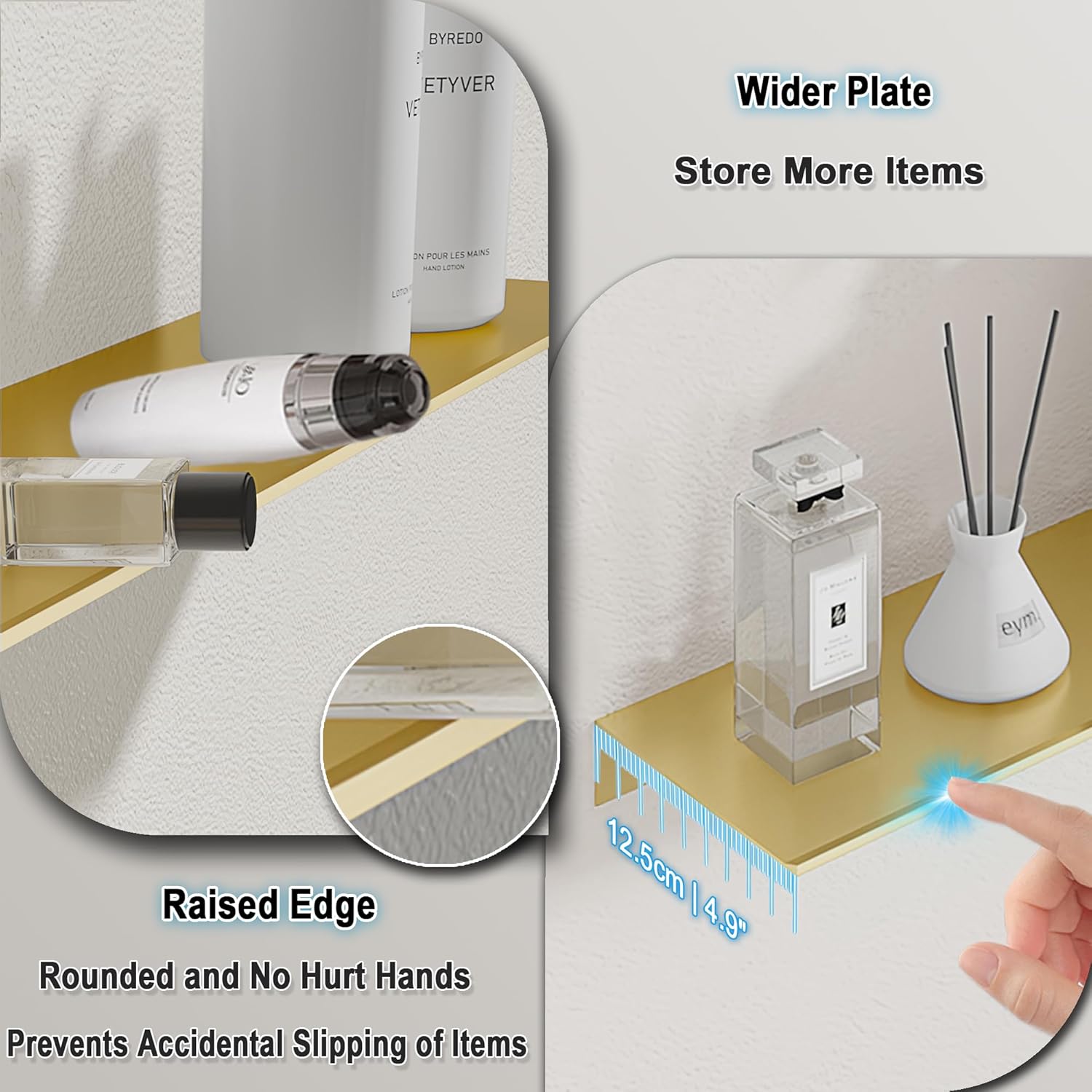 Étagères flottantes en métal, lot de 2, étagère murale en or brossé, support de douche mural, présentoir décoratif 40 cm - 8