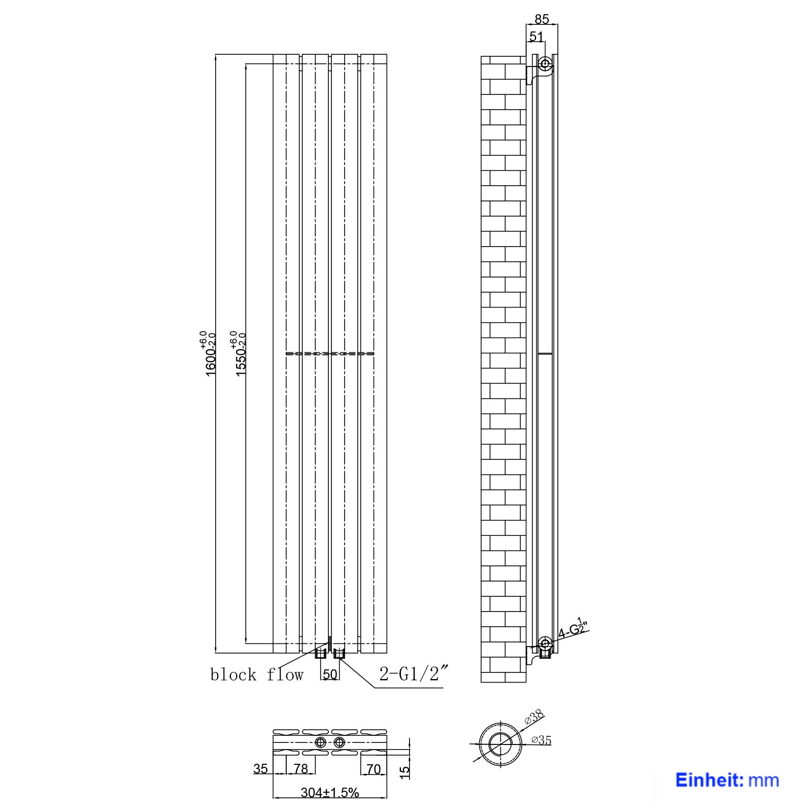 EMKE Radiateur à Eau Chaude, Radiateur plat Double couche connexion centrale, Blanc 160x30cm, 889W - 6