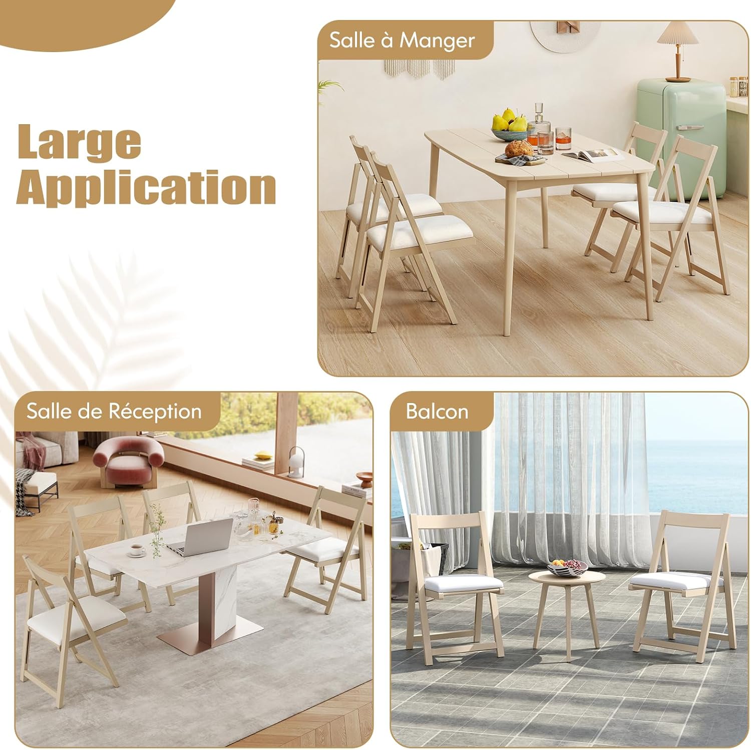 Lot de 2 Chaise Pliante avec Dossier Courbé, Chaises de Salle à Manger Rembourrées, Structure en Bois de Caoutchouc, pour Salon, Charge 150 kg, Beige - 8