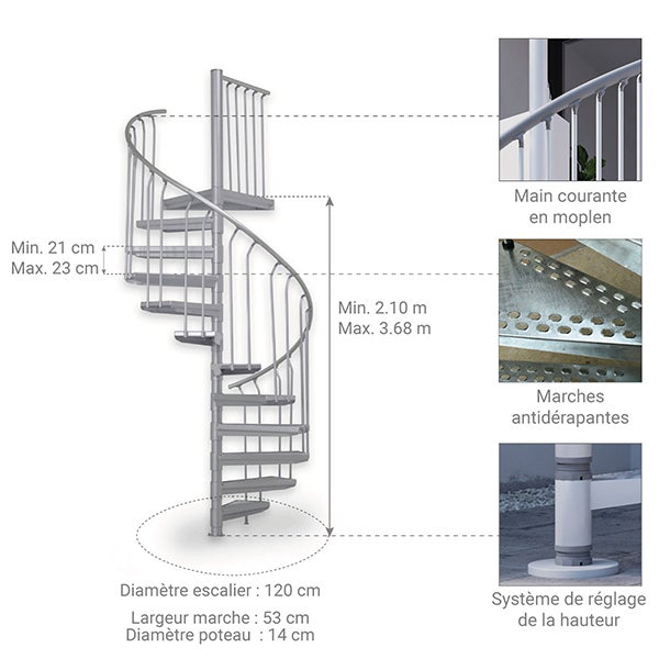 Escalier colimaçon extérieur 16 marches - Hauteur à franchir de 3.36 à 3.68m - Diamètre 1.20m - Couleur zinc blanc - EXTERIOR120/ZB-16 - 2