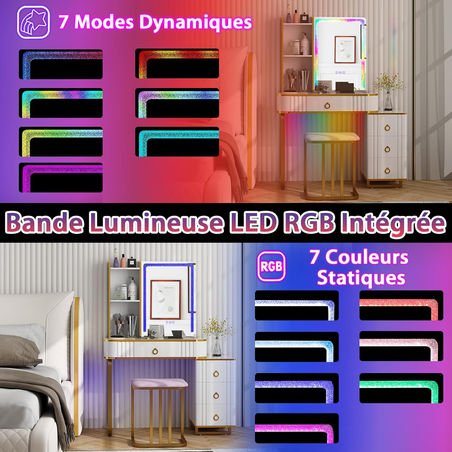 Toeletta da Trucco con Specchio e Luci, Tavolo da Trucco con Sgabello, Porta 7 Luci LED Dinamiche e 7 Luci Statiche Dimmerabili, Porte USB e 4 - 7