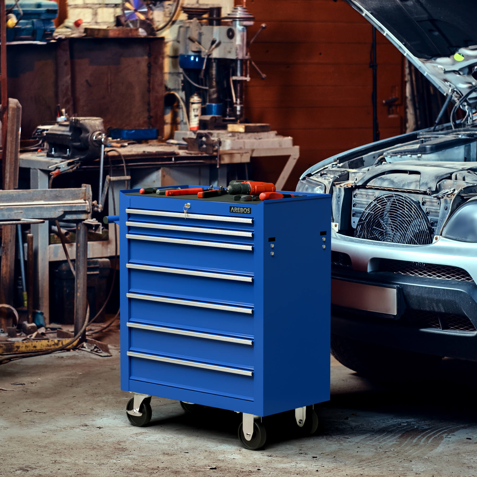AREBOS Chariot d’atelier robuste avec 7 tiroirs, roues pivotantes et système de verrouillage central sécurisé - 8