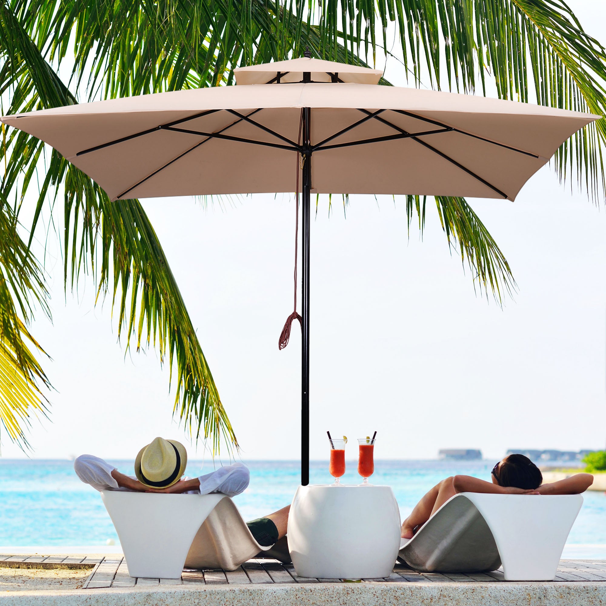 Chapéu de Sol Outsunny Bege Aço, Poliéster 300x300x297cm - 3