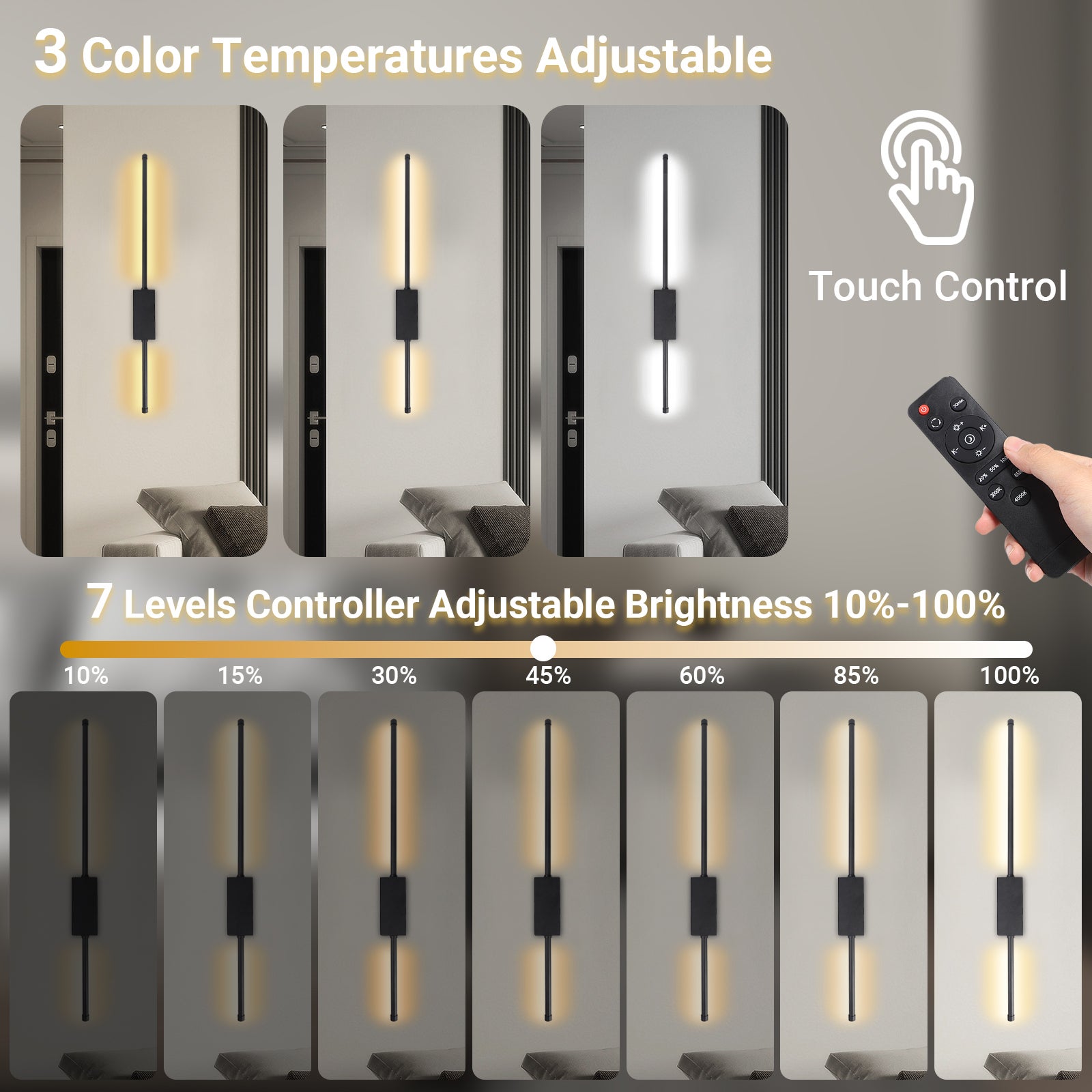 Bezprzewodowa Lampa Ścienna Wnętrz Z Pilotem I Przełącznikiem Dotykowym, 2 Pack 5000mAh LED Lampa Ścienna Ładowana USB 3 barwy światła, Timer 71CM - 5