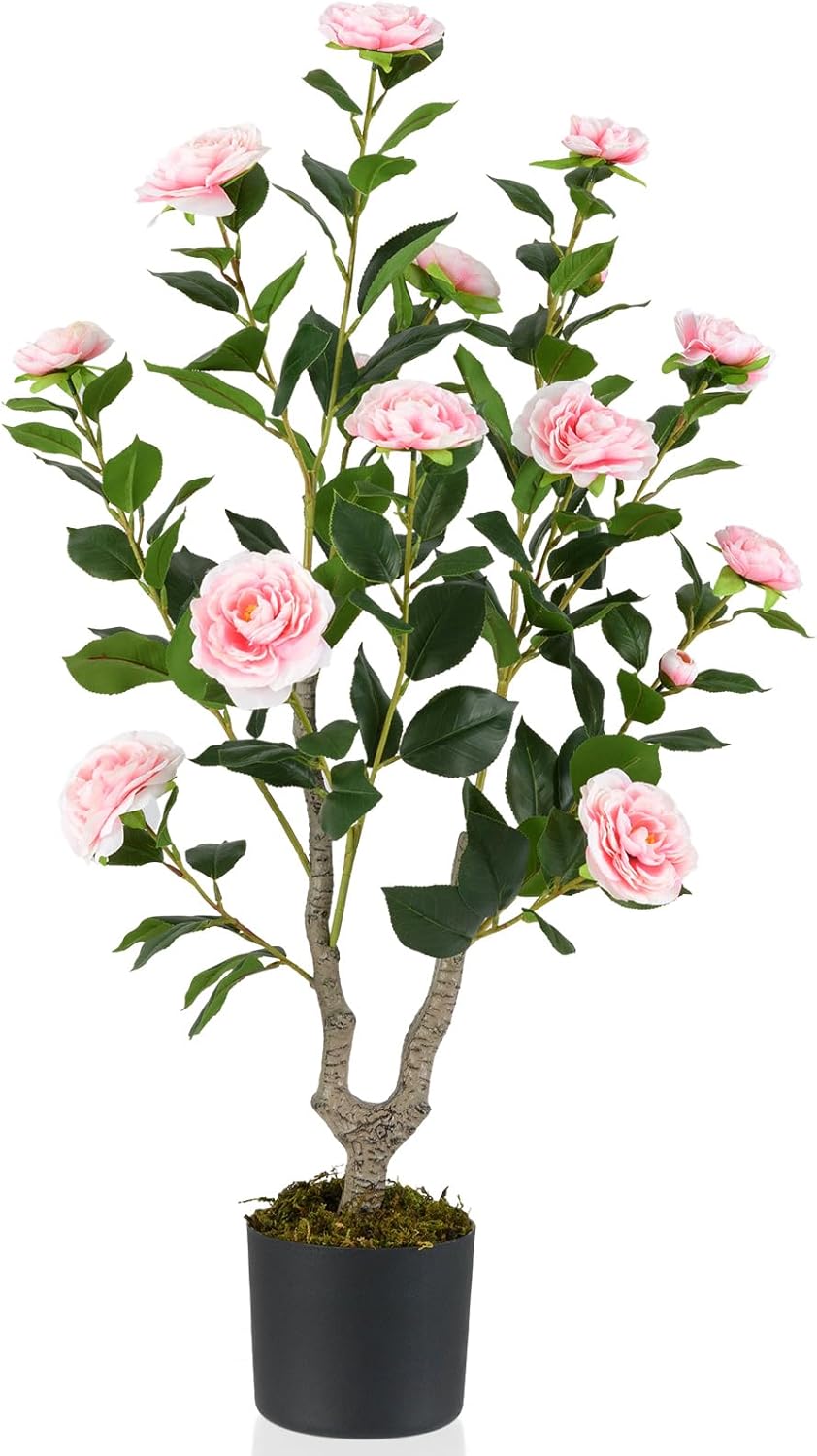 2 Alberi Di Camelia Artificiali In Vaso Cemento – Piante Finte Con Fiori, Per Interni Ed Esterni - 2