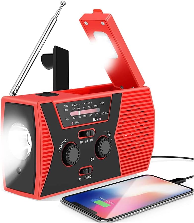 Radio AM/FM z korbką zasilane energią słoneczną, z latarką LED, alarmem SOS i ładowarką do telefonu, wodoodporne, idealne na kemping i do użytku w s