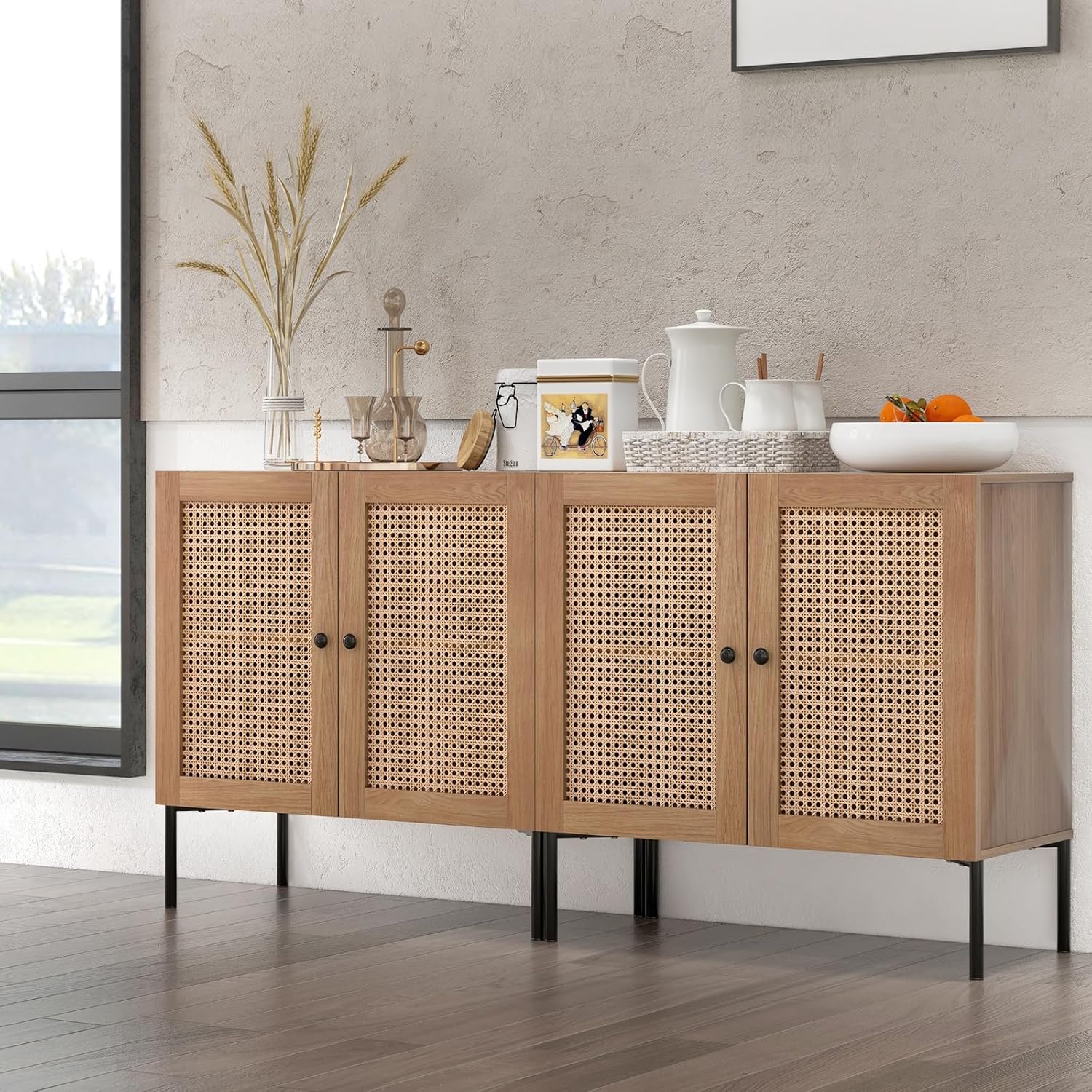 Armoire Cuisine 2 Étagères, Buffet 2 Portes Cannage, Étagère Réglable, Pieds Métal, Meuble Cuisine Rangement Bohème pour Salle à Manger, Naturel - 9