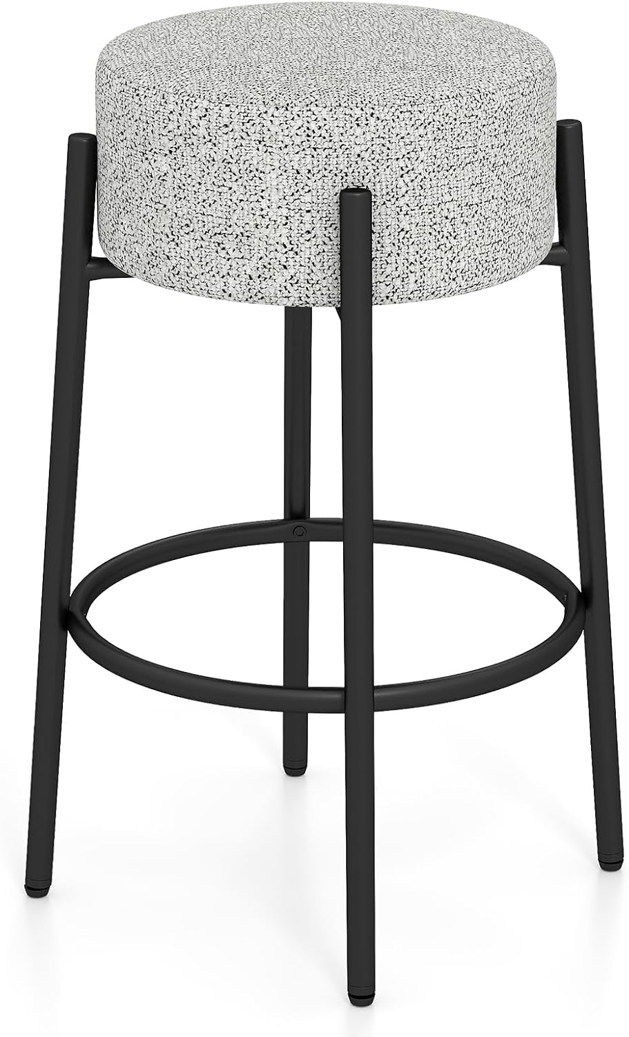 Stołek Barowy, Krzesło Barowe, Okrągłe Siedzisko z Tapicerką, Tkanina Lniana, Podnóżek, Metalowa Rama, Regulowane Podkładki, Nośność 150 kg, Szary