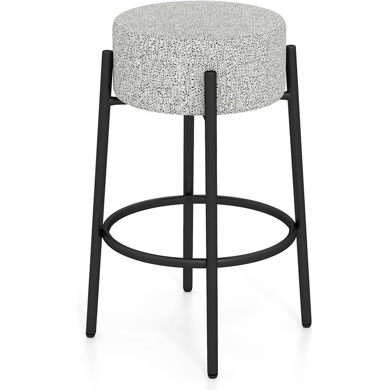 Stołek Barowy, Krzesło Barowe, Okrągłe Siedzisko z Tapicerką, Tkanina Lniana, Podnóżek, Metalowa Rama, Regulowane Podkładki, Nośność 150 kg, Szary