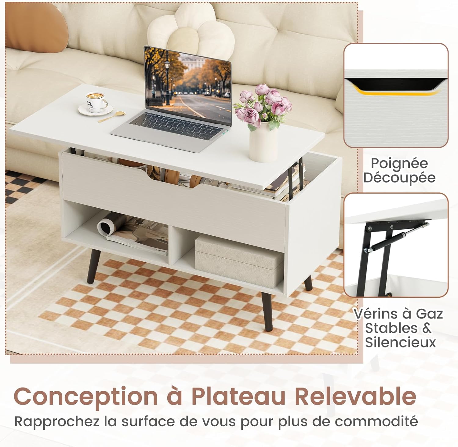 Tavolino Salotto Sollevabile in Legno, Tavolino da Caffè con Scomparto Nascosto e 2 Scaffali Aperti, Tavolino Basso e Modern per Soggiorno, Sa - 5