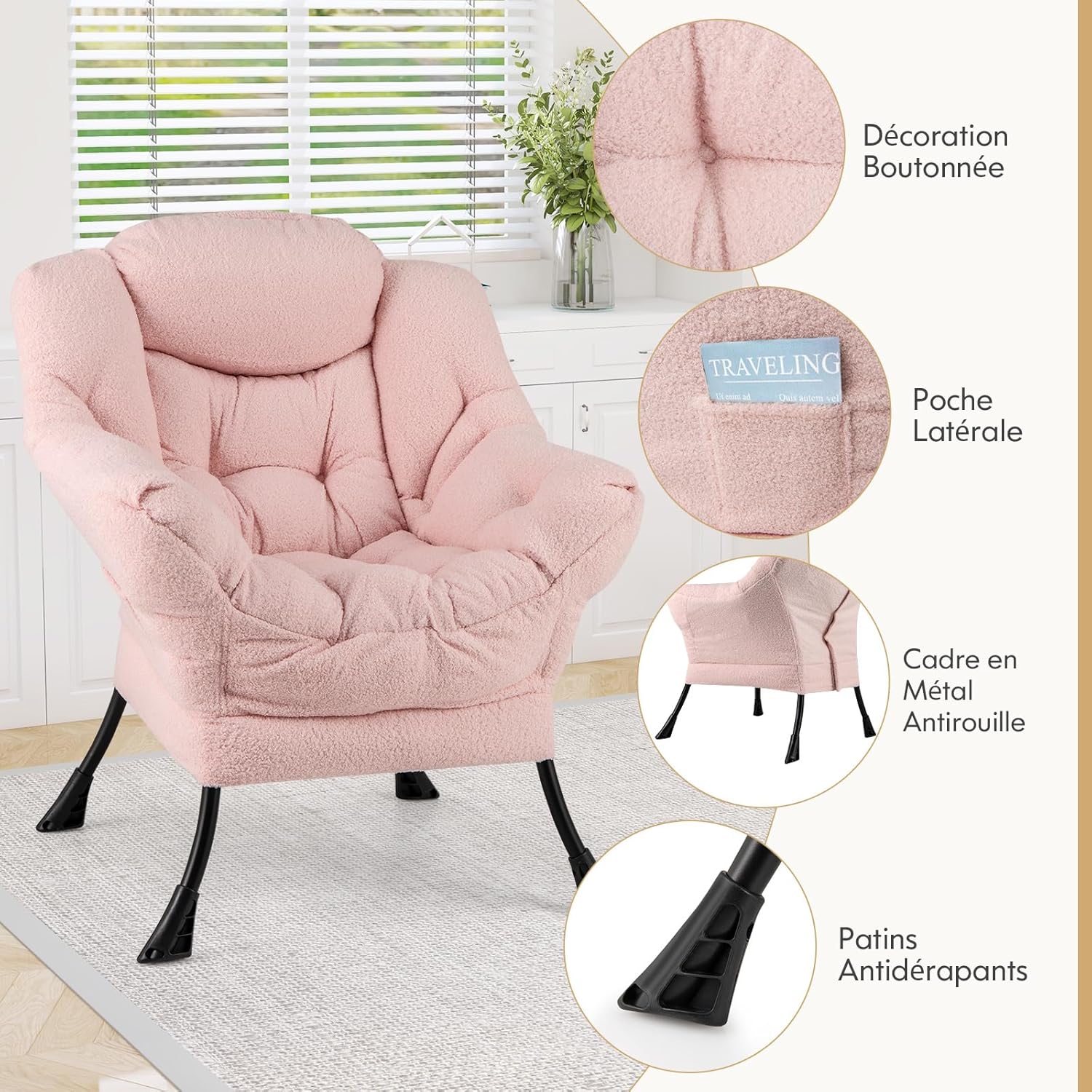 Poltrona Relax, Poltrona da Lettura con Cuscino, Elegante con Schienale e Seduta Imbottiti, Braccioli e Tasca di Stoccaggio, Portata 150 kg (S - 5