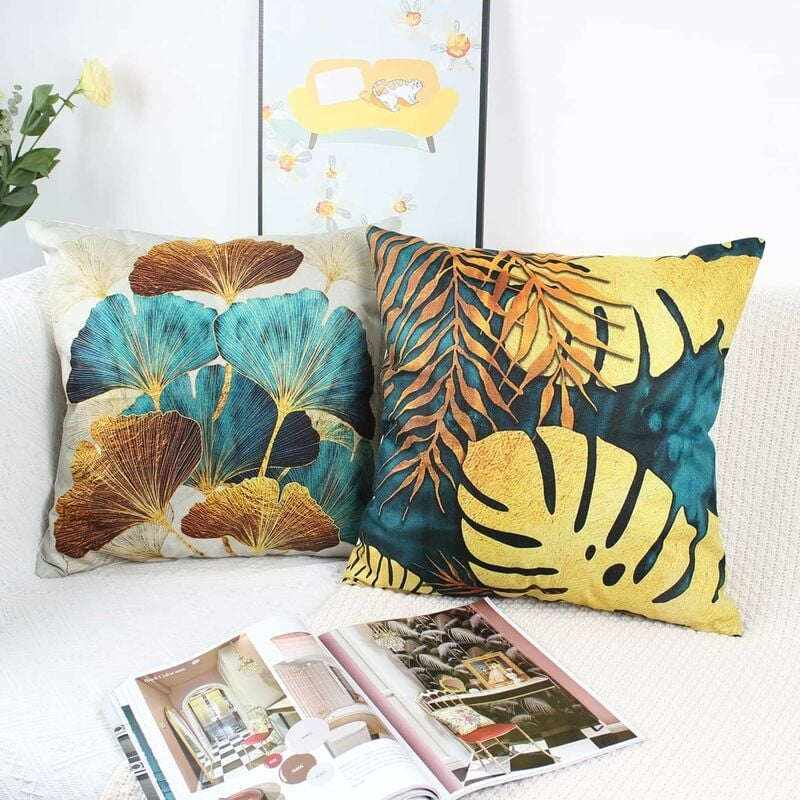 Lot de 4 housses de coussin 45x45 cm, motif feuilles bleu canard et doré, 18x18 cm, canapé de salon, taie d'oreiller jardin extérieur - 5