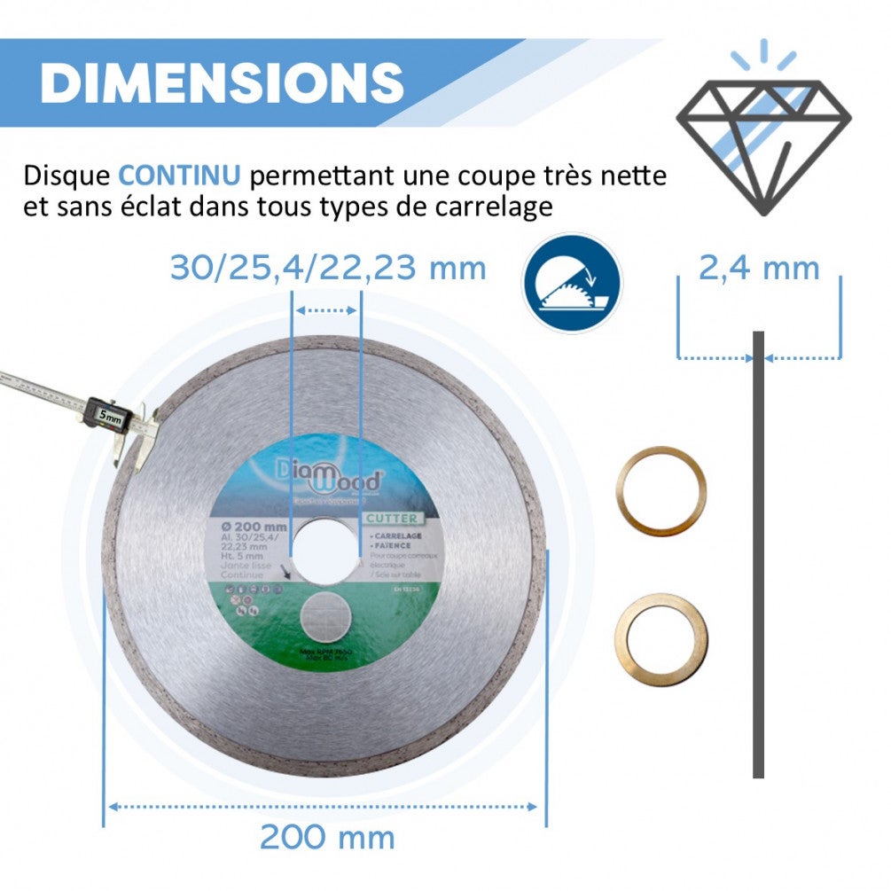 Disque Diamant Carrelage et Faïence pour Meuleuse - Lame Diamantée à Tronçonner - D. 200 mm - Al. 30/25,4/22,23 mm - H. Jante 5 mm - CUTTER - DIAMWOOD - 5