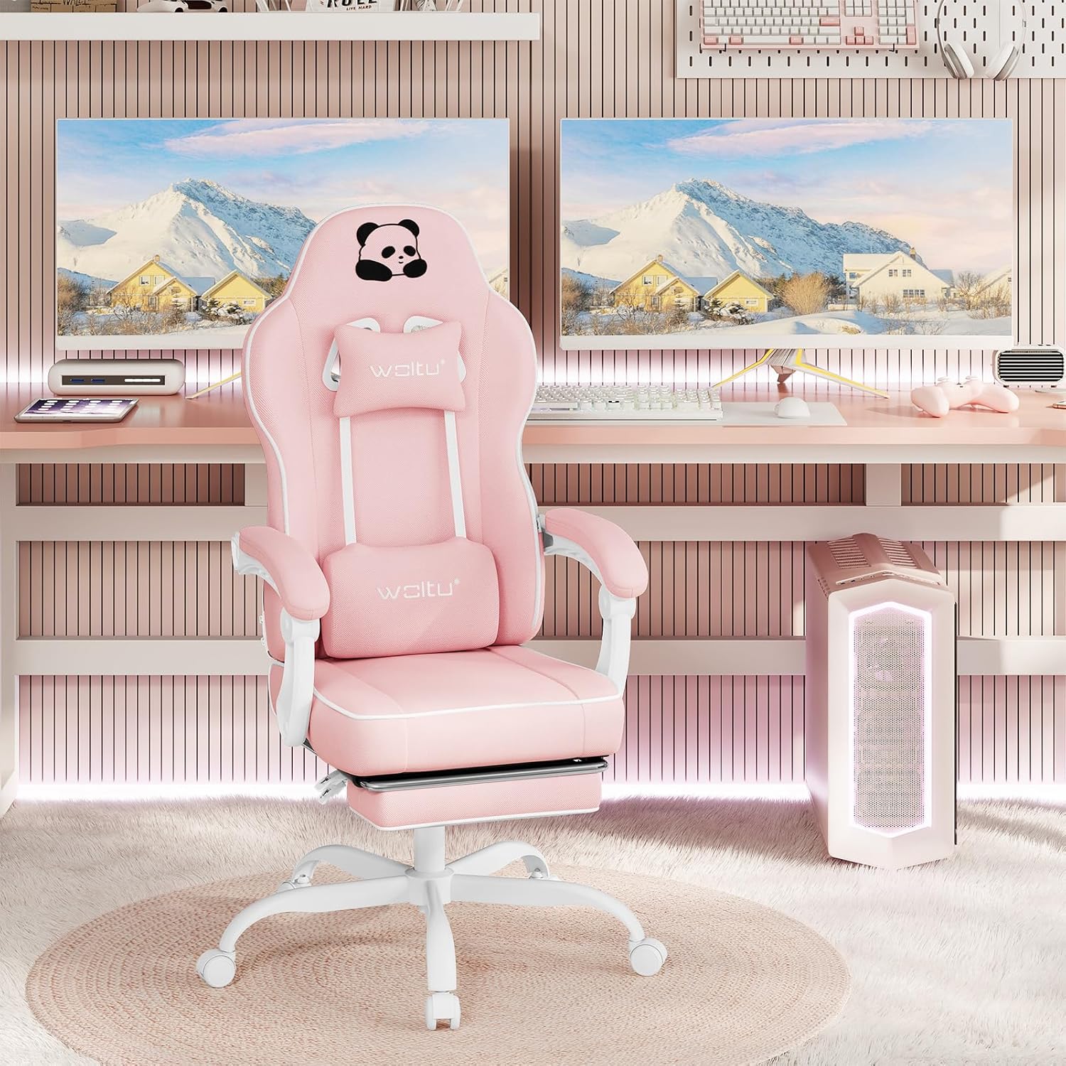 Chaise Gaming WOLTU, Fauteuil Gaming, avec Coussin à Ressorts Ensachés, Appui-tête, Support Lombaire, Repose-Pieds, Tissu Maille, Rose - 2