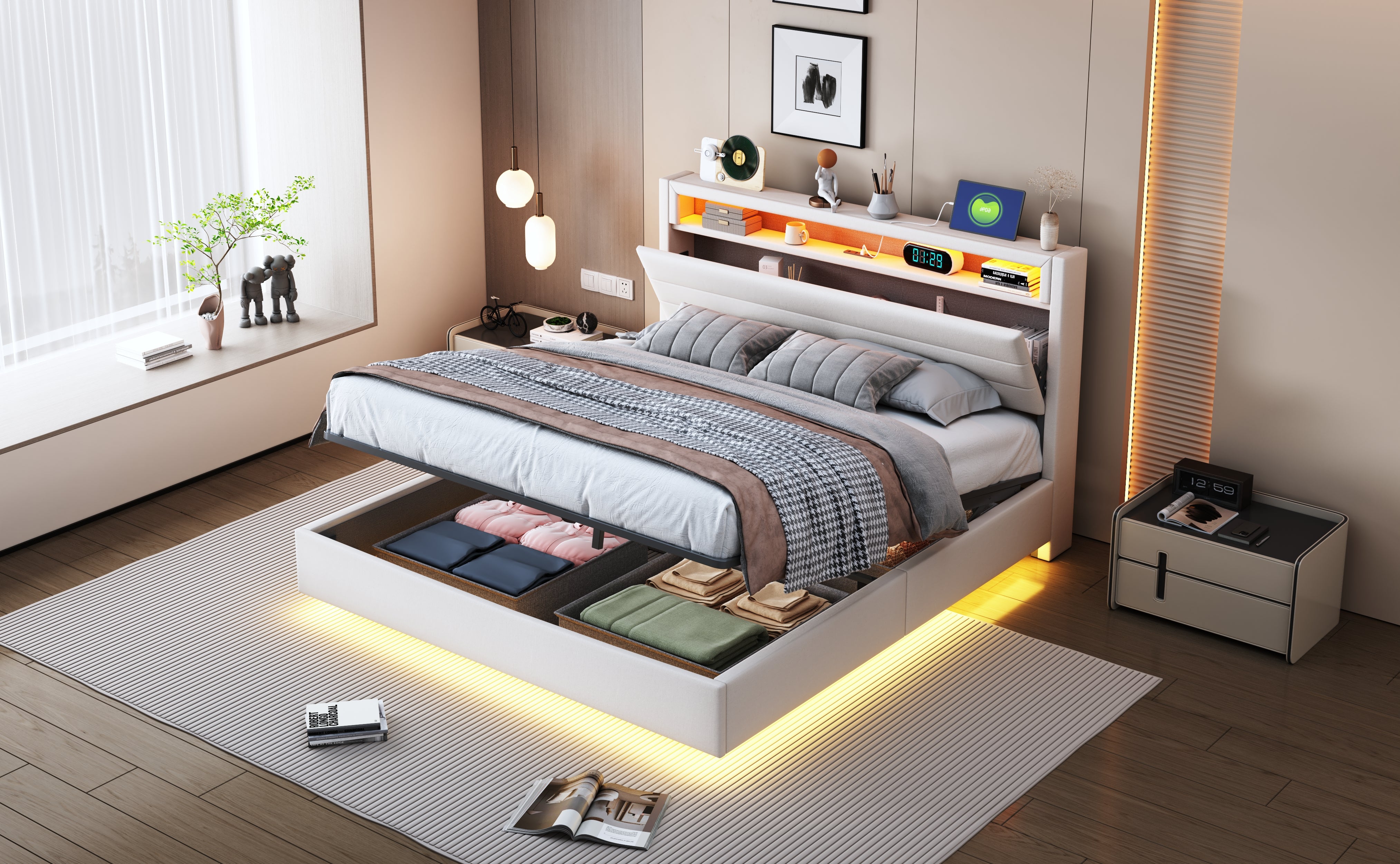 Cama canapé de 140 x 200 cm con cabecero y espacio de almacenaje - Puerto USB y LED - Tejido de lino - Beige (sin colchón) - 9